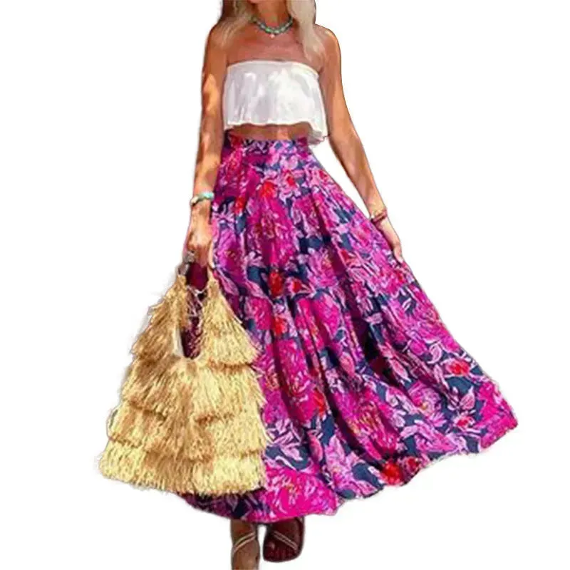 Spring Summer Fashionable Printed Bohemian High Waist floral Circle maxi Skirt