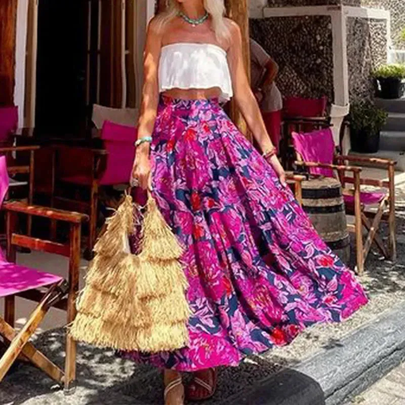 Spring Summer Fashionable Printed Bohemian High Waist floral Circle maxi Skirt