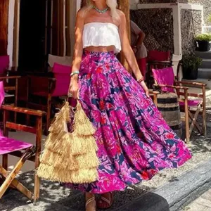 Spring Summer Fashionable Printed Bohemian High Waist floral Circle maxi Skirt