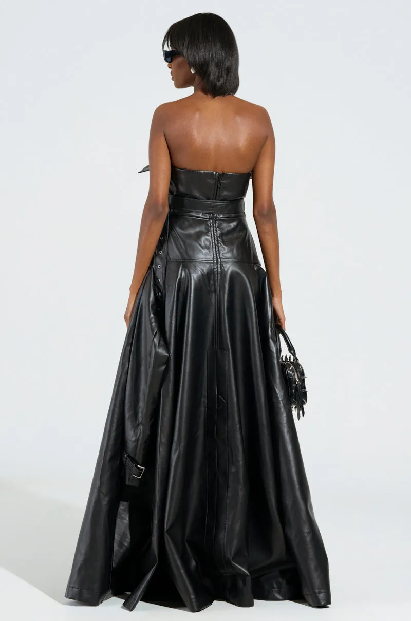 STRAPLESS TRENCH MAXI DRESS IN PU