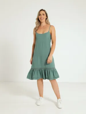 Strappy Peplum Hem Linen Dress - Sage