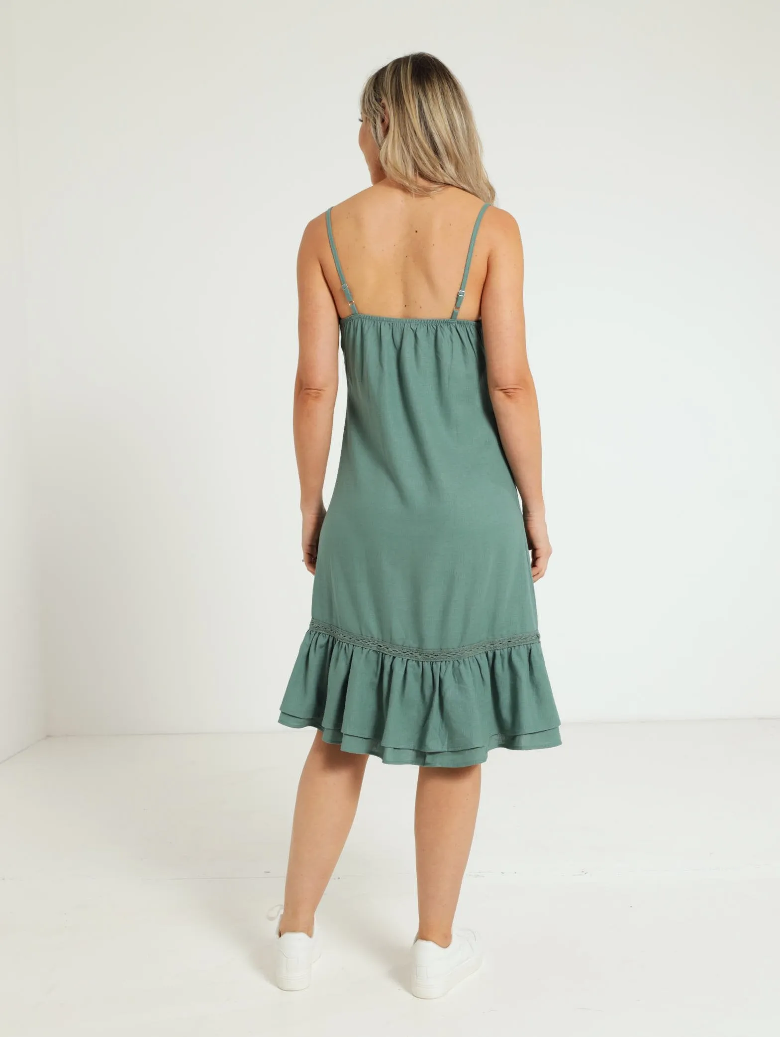 Strappy Peplum Hem Linen Dress - Sage
