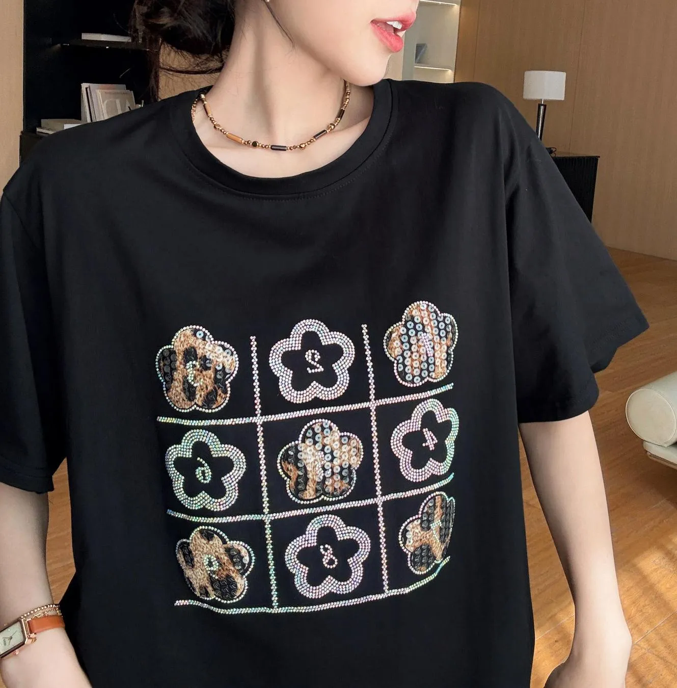 Stylish Women's T-Shirt Dress Featuring Pattern Print and Rhinestone Details