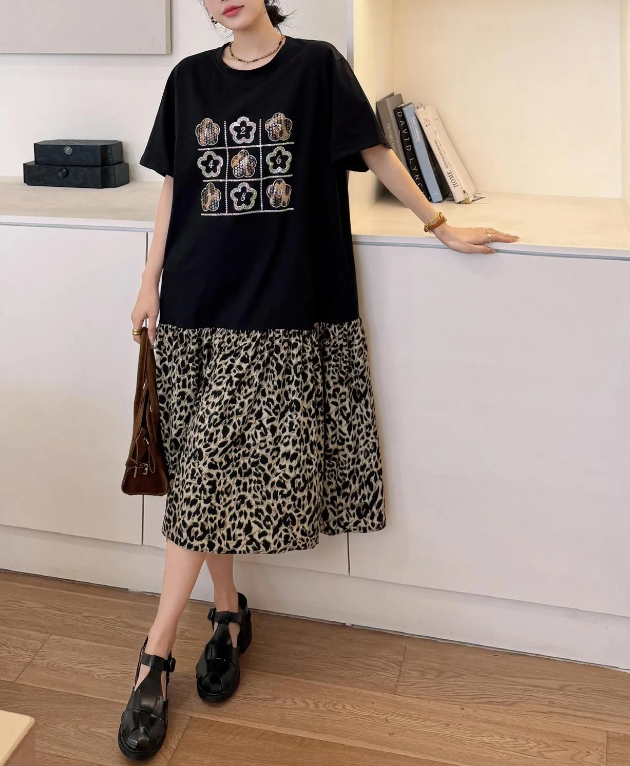 Stylish Women's T-Shirt Dress Featuring Pattern Print and Rhinestone Details