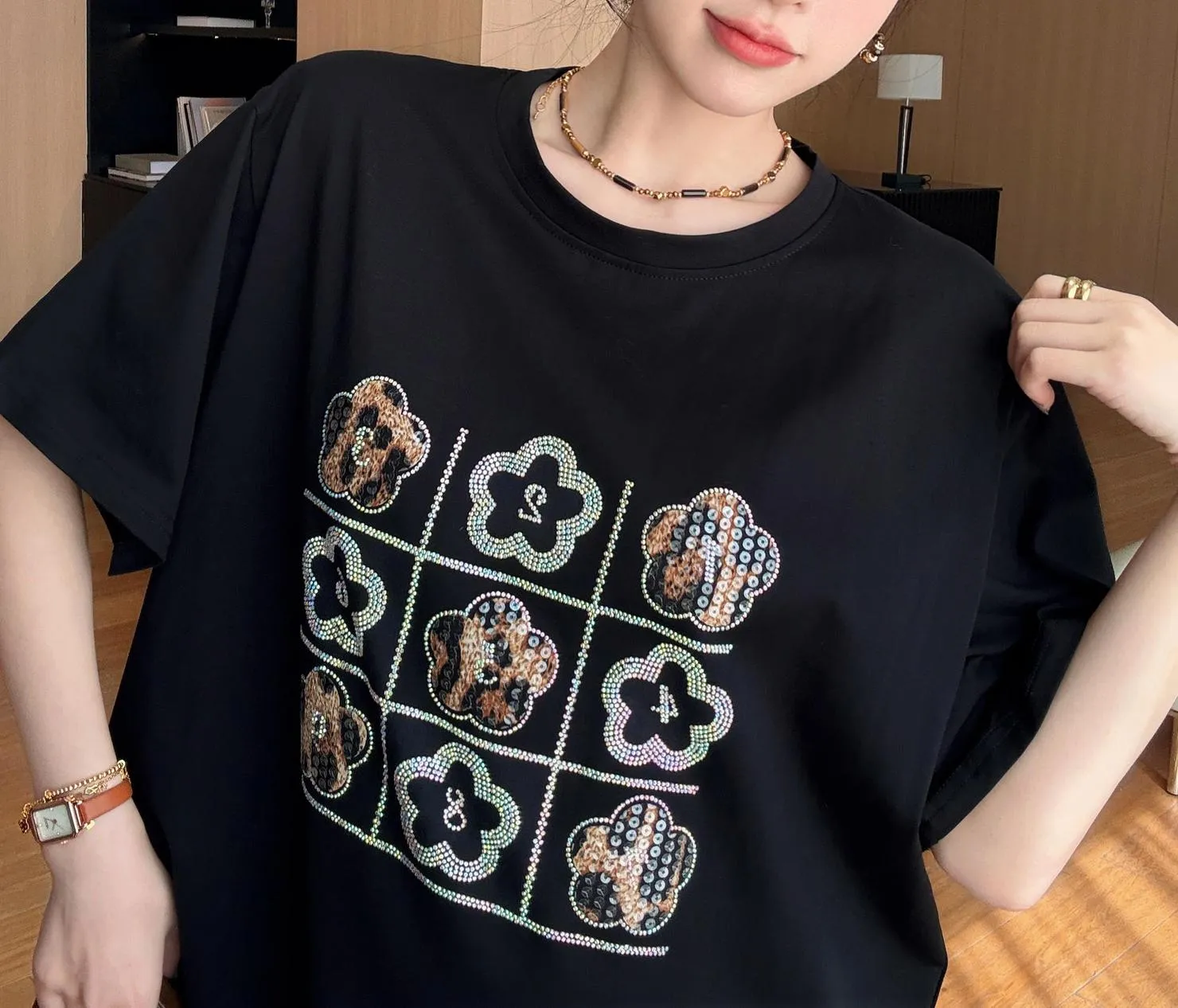 Stylish Women's T-Shirt Dress Featuring Pattern Print and Rhinestone Details