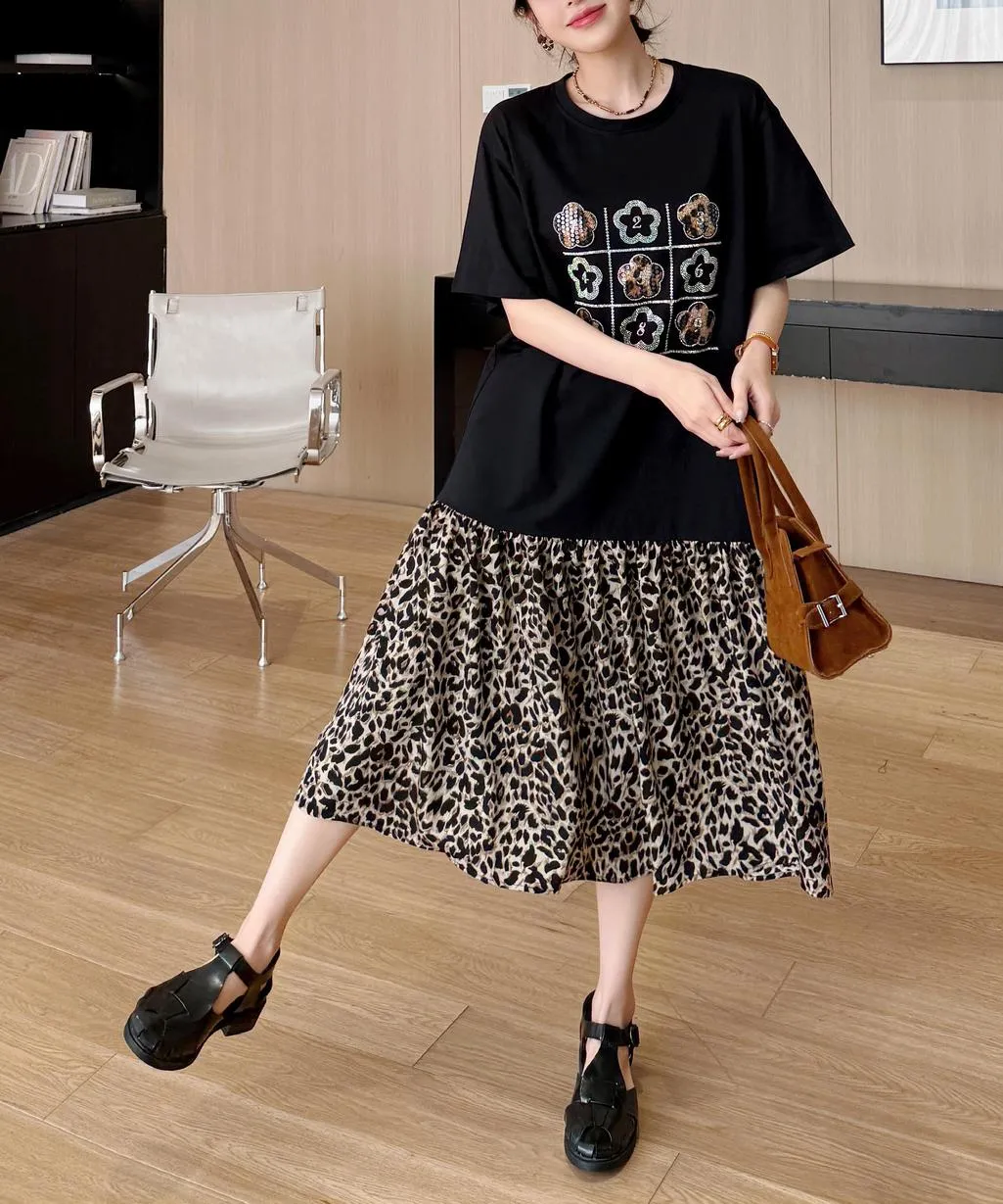 Stylish Women's T-Shirt Dress Featuring Pattern Print and Rhinestone Details