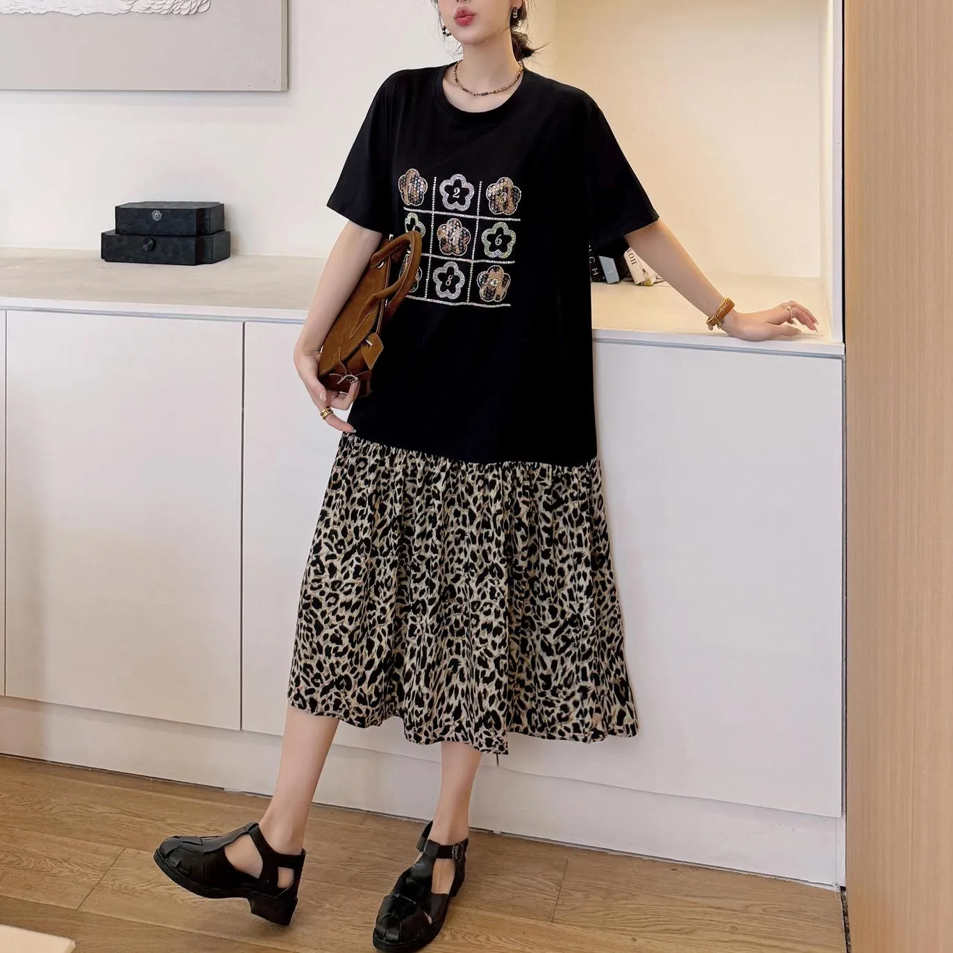 Stylish Women's T-Shirt Dress Featuring Pattern Print and Rhinestone Details
