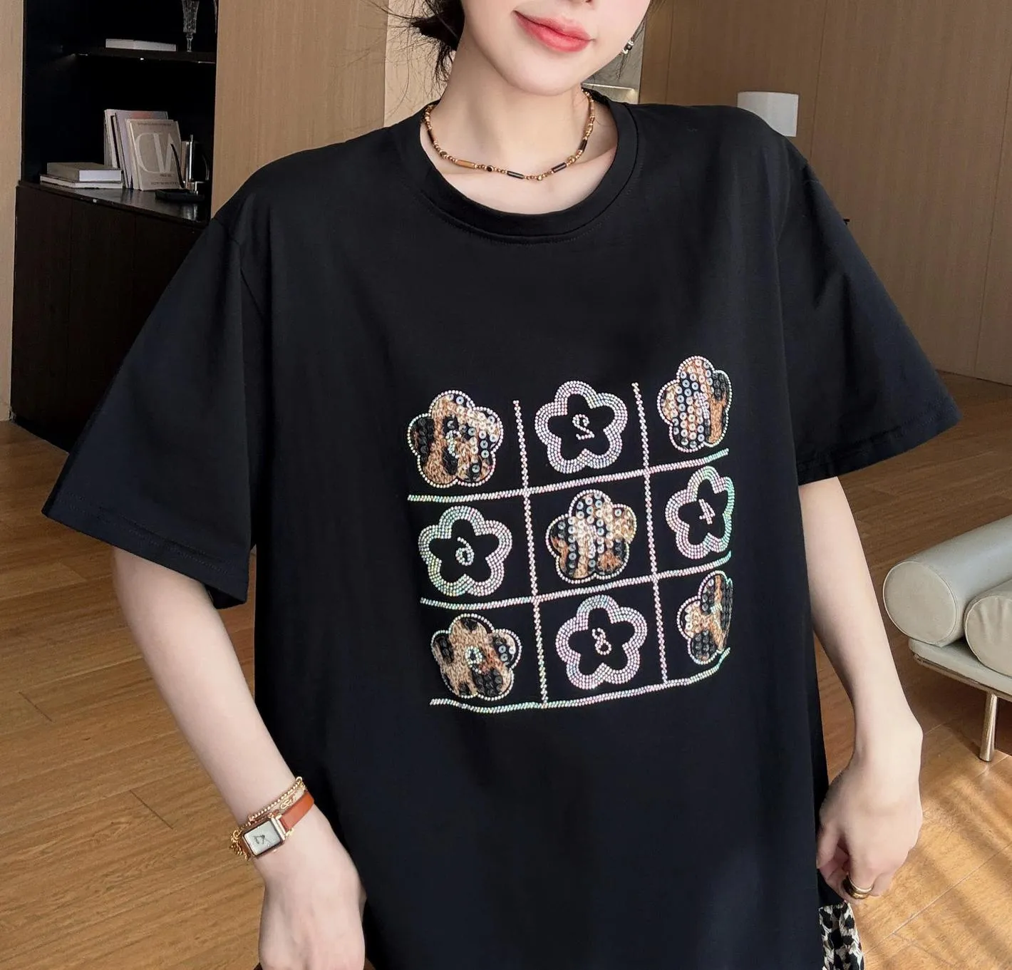 Stylish Women's T-Shirt Dress Featuring Pattern Print and Rhinestone Details