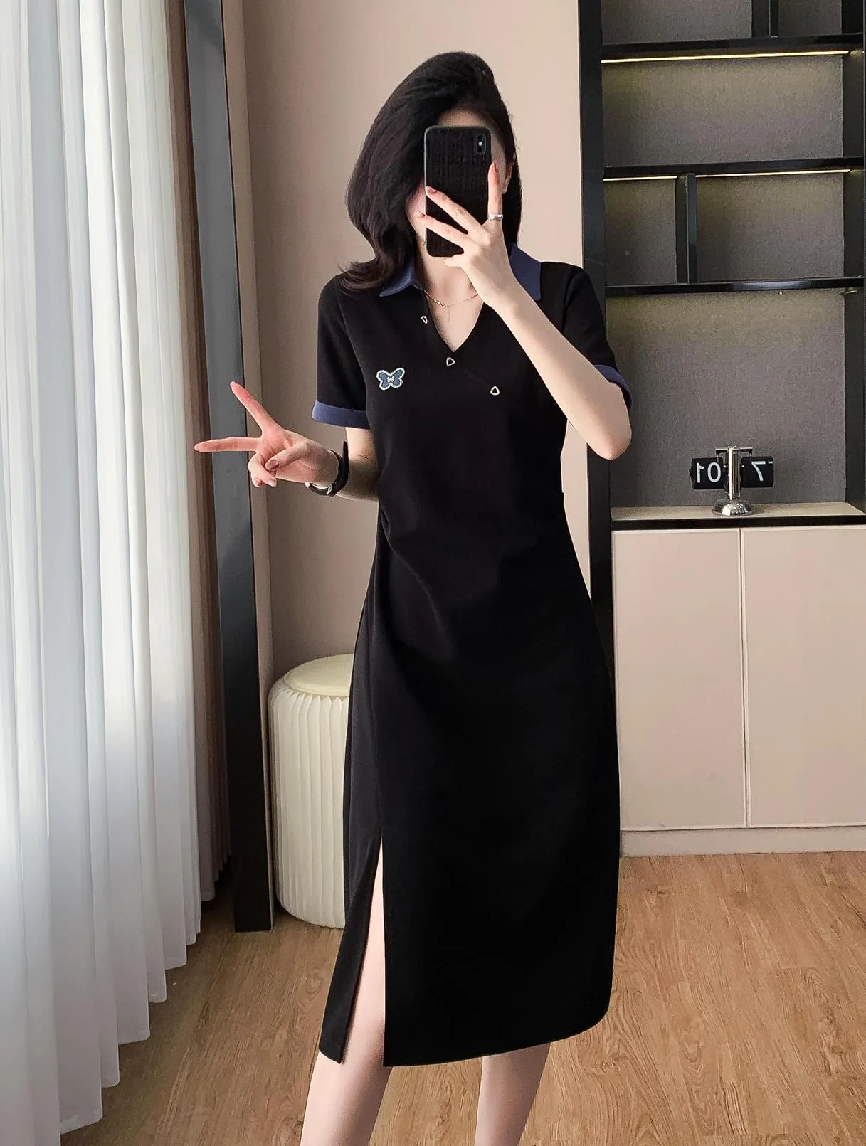 Stylish Women's T-Shirt Dress with Split Thigh and Colorful Details