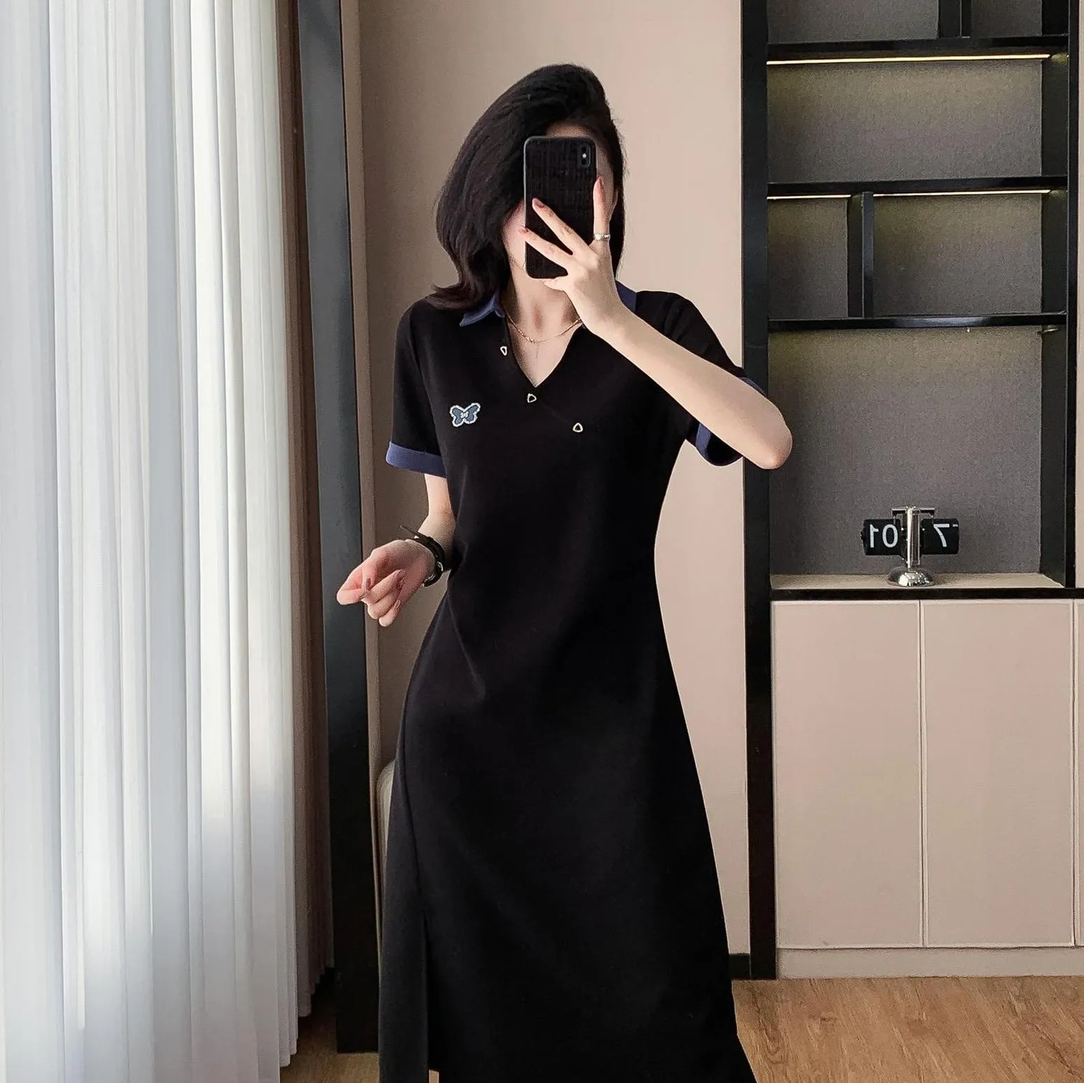 Stylish Women's T-Shirt Dress with Split Thigh and Colorful Details