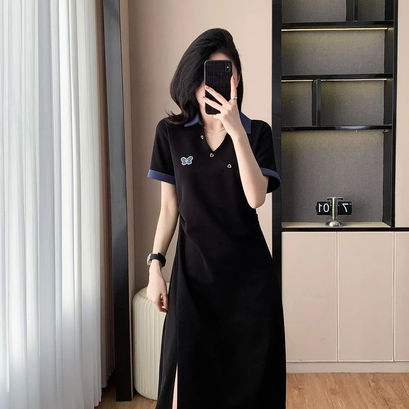 Stylish Women's T-Shirt Dress with Split Thigh and Colorful Details