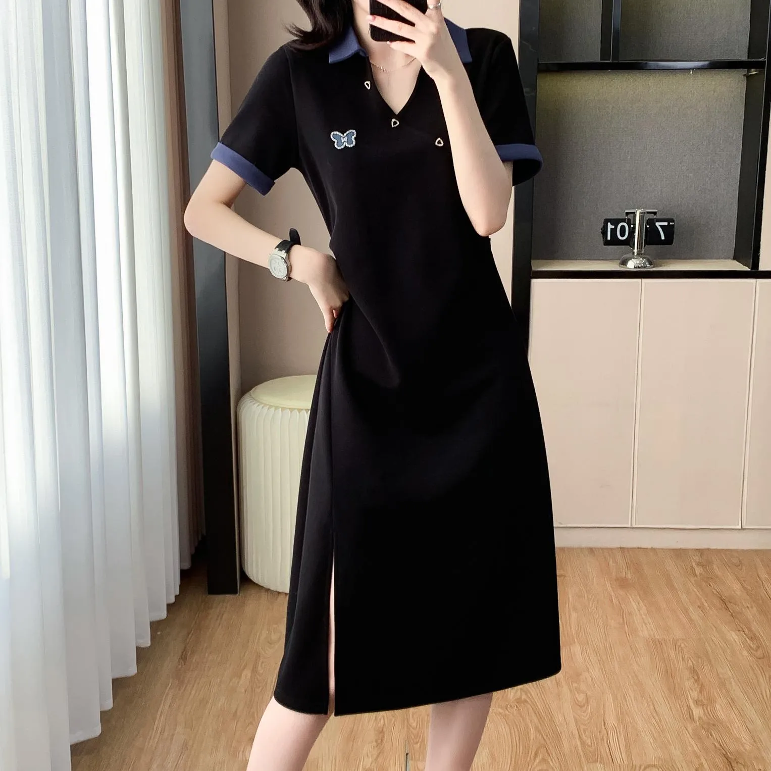 Stylish Women's T-Shirt Dress with Split Thigh and Colorful Details