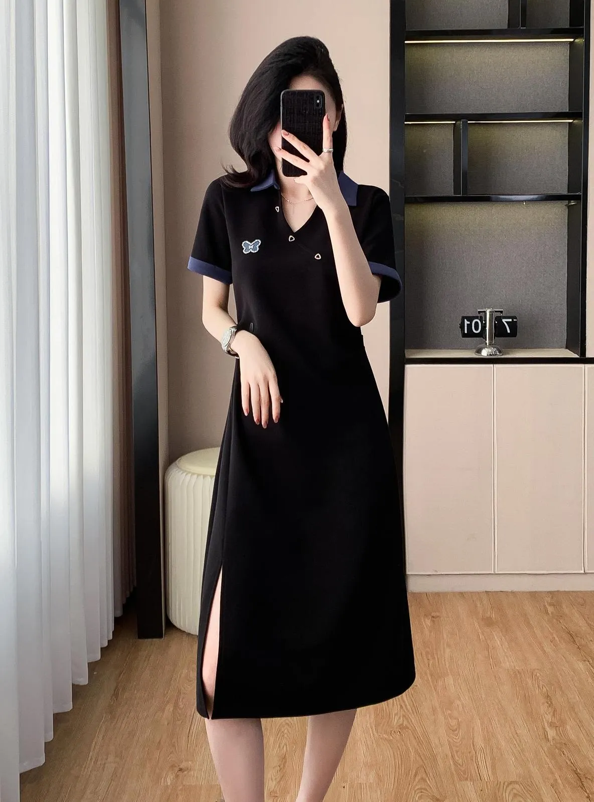Stylish Women's T-Shirt Dress with Split Thigh and Colorful Details