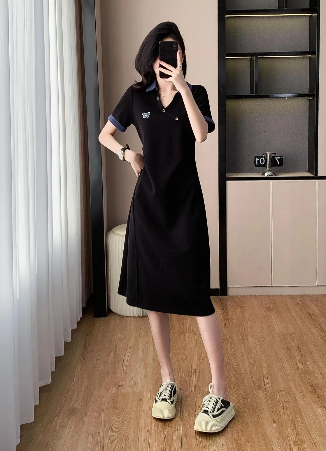 Stylish Women's T-Shirt Dress with Split Thigh and Colorful Details