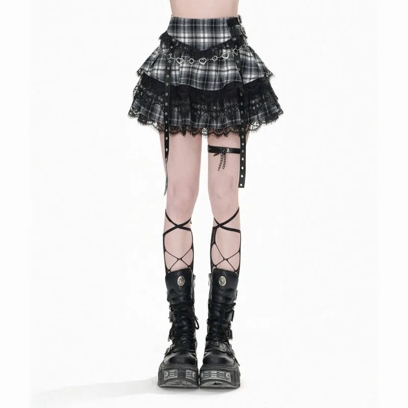 Sweet College Style Lace Black Plaid Puffy Skirt