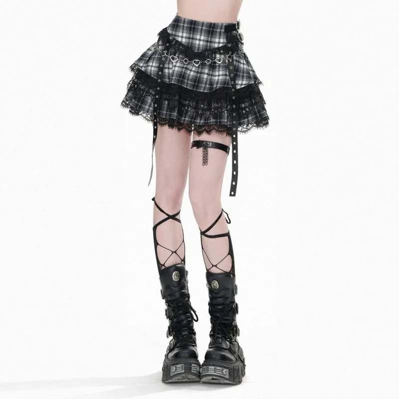 Sweet College Style Lace Black Plaid Puffy Skirt