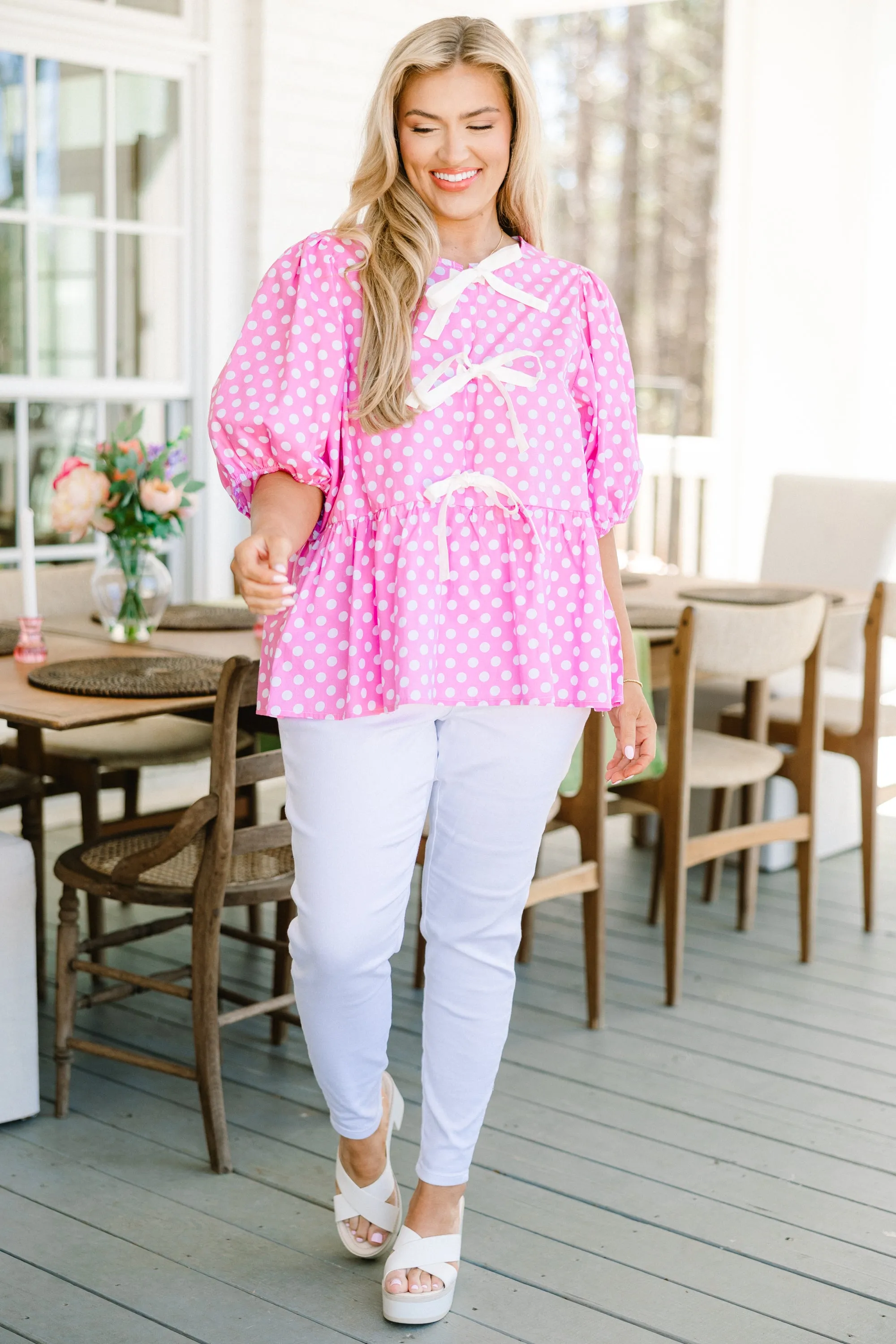 Take It Easy Now Top, Pink Polka Dot