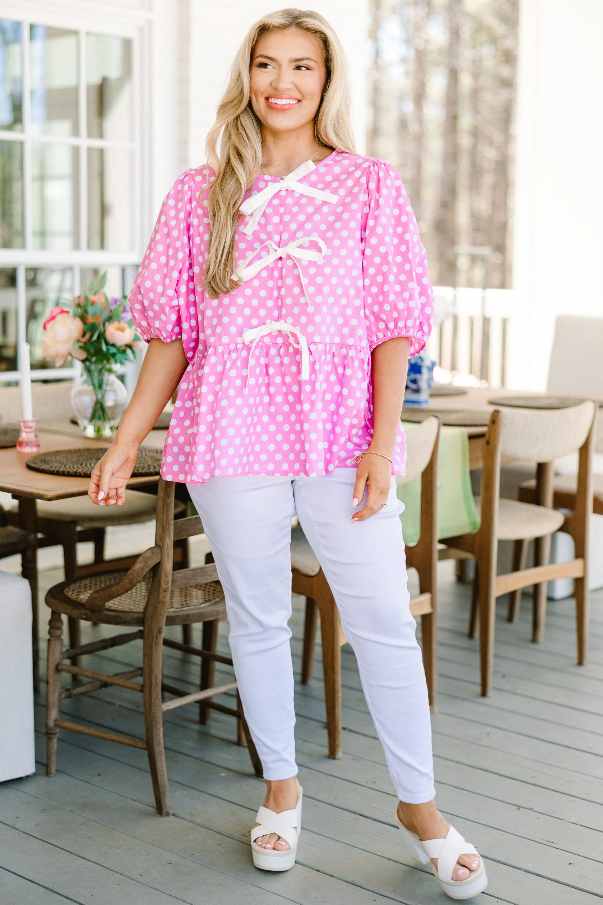 Take It Easy Now Top, Pink Polka Dot