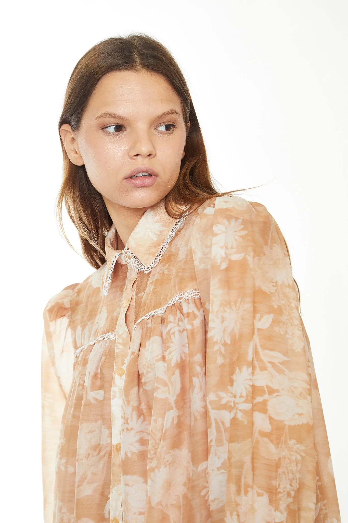 Tan White Floral Mini Shirt-Dress