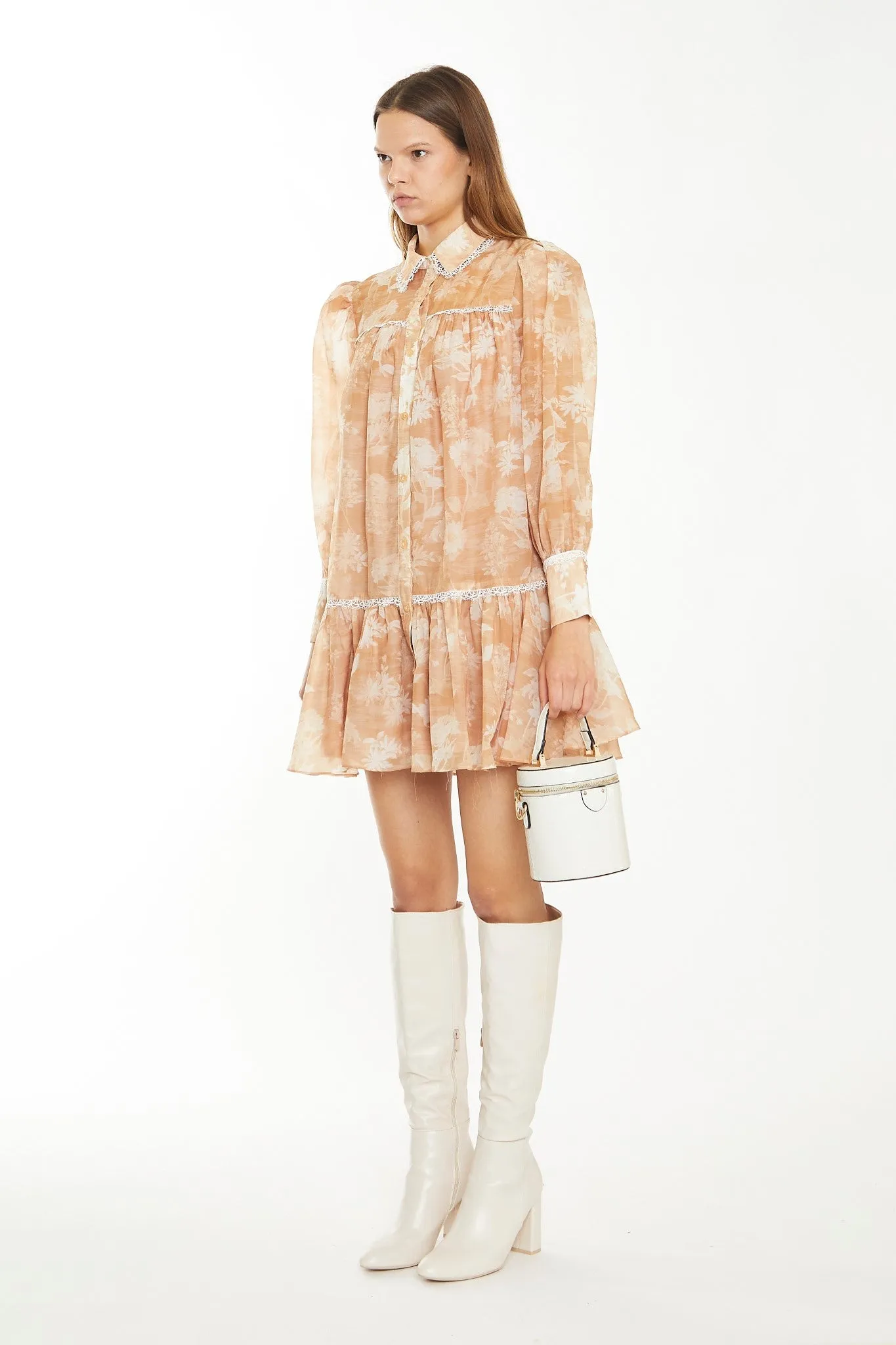 Tan White Floral Mini Shirt-Dress