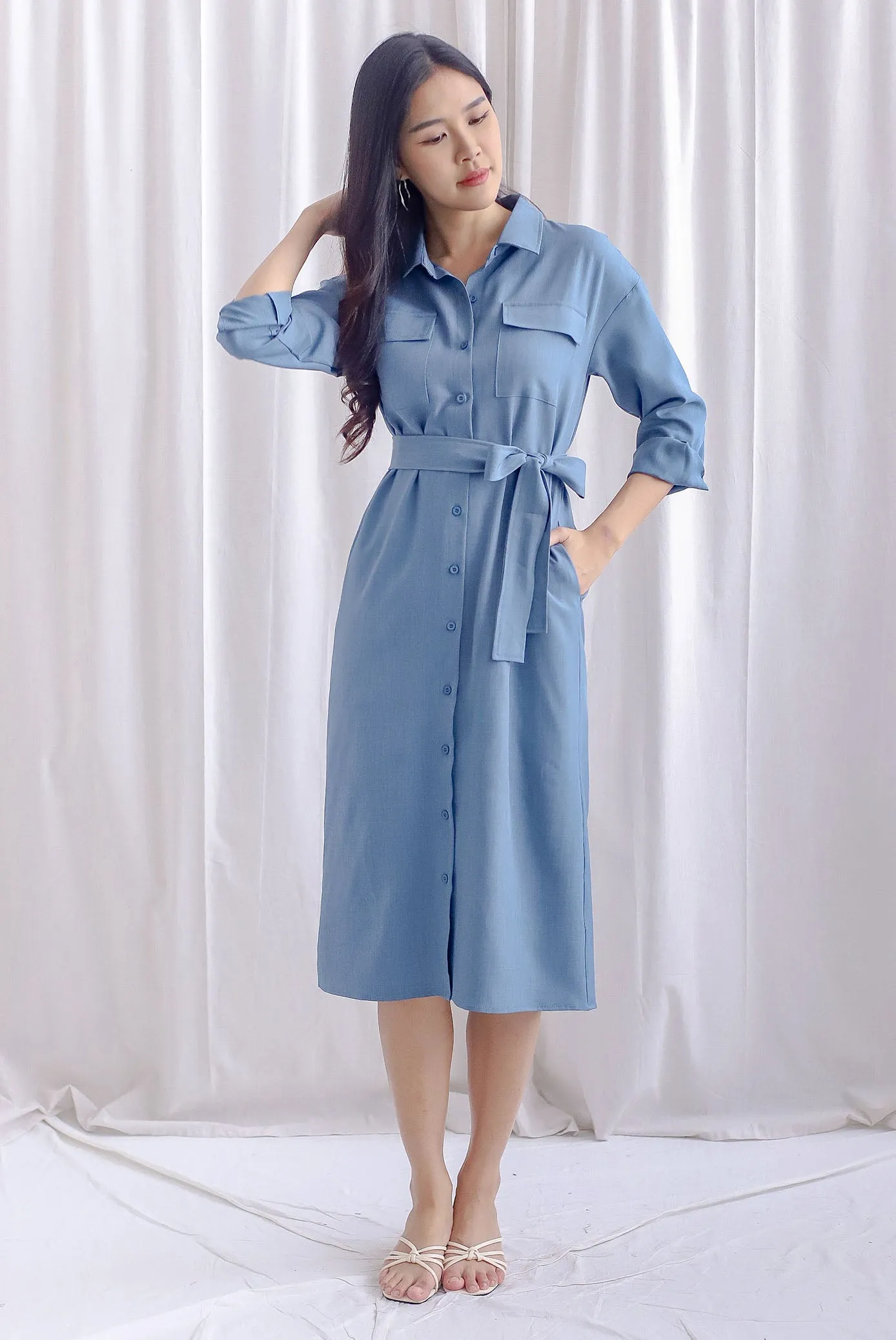 TDC Gittel Utility Shirt Dress In Dark Denim Blue