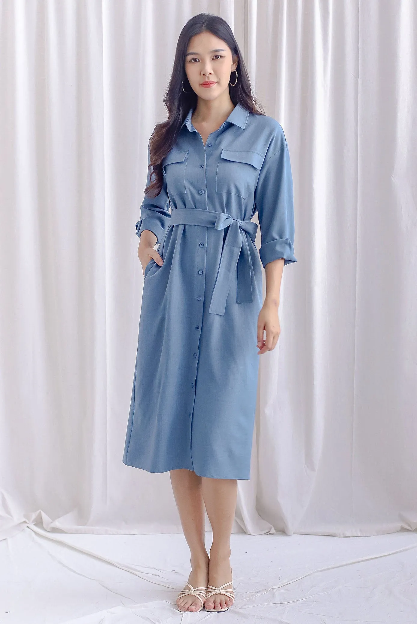 TDC Gittel Utility Shirt Dress In Dark Denim Blue