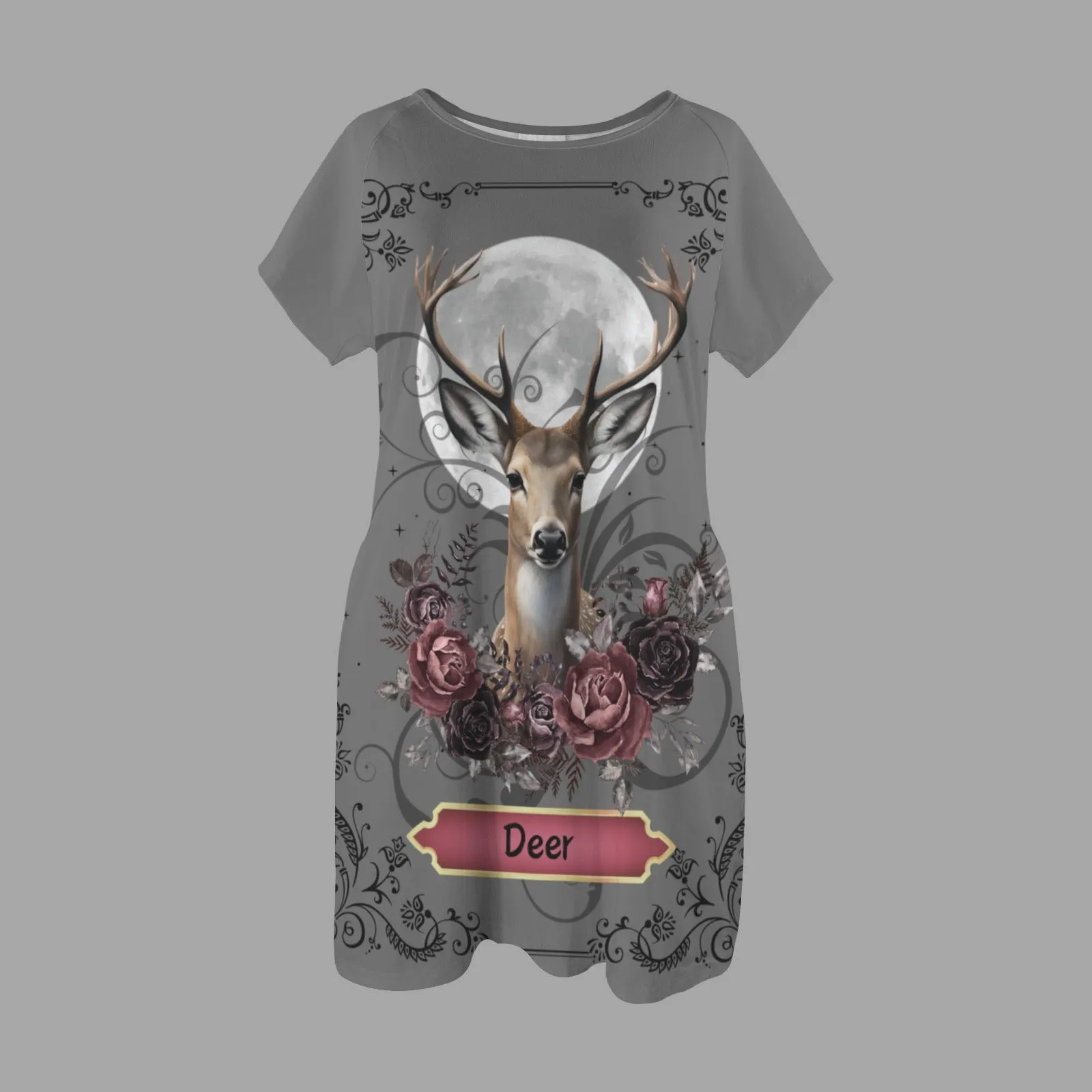 The Deer Tarot Dress, Fall casual short sleeve T shirt Dress