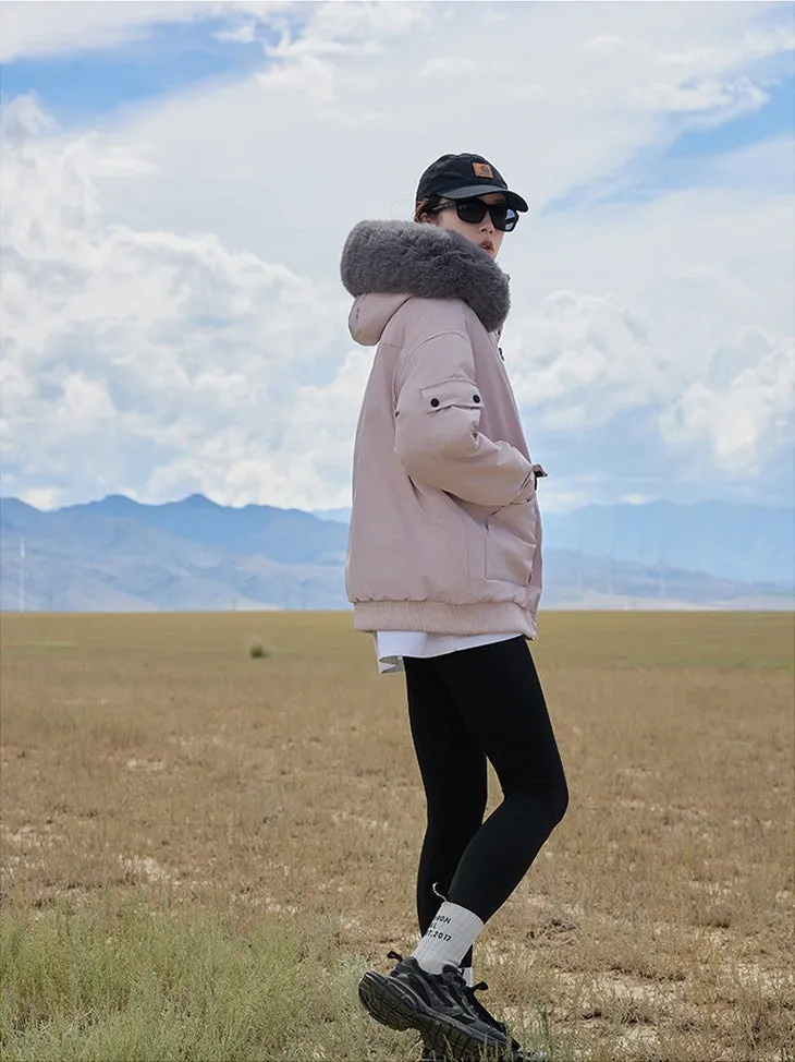 Thickened Hooded Parka with Solid Design and Faux Fur Collar