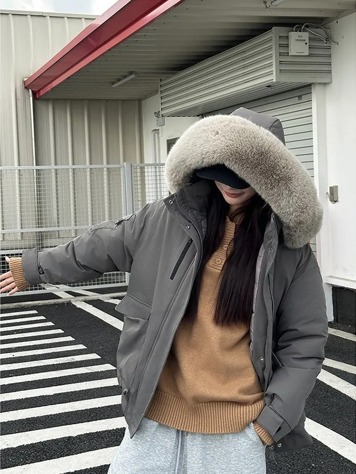 Thickened Hooded Parka with Solid Design and Faux Fur Collar
