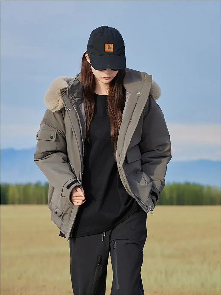 Thickened Hooded Parka with Solid Design and Faux Fur Collar