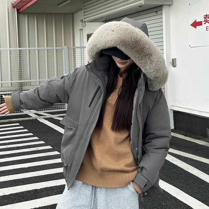 Thickened Hooded Parka with Solid Design and Faux Fur Collar