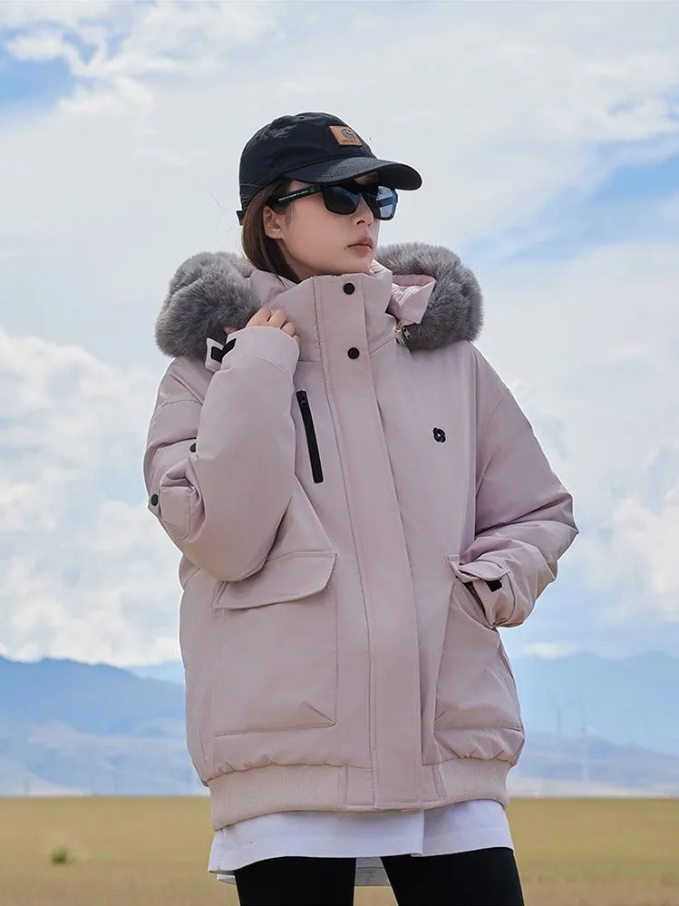 Thickened Hooded Parka with Solid Design and Faux Fur Collar