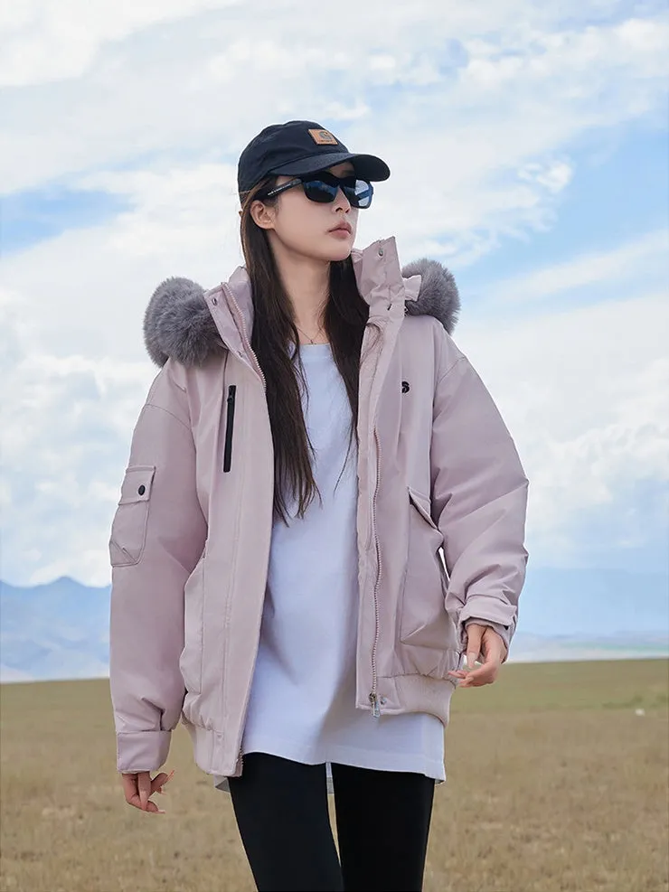 Thickened Hooded Parka with Solid Design and Faux Fur Collar