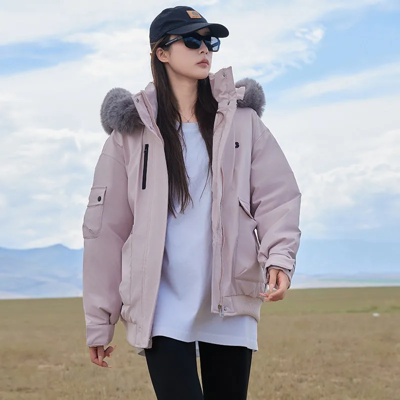 Thickened Hooded Parka with Solid Design and Faux Fur Collar