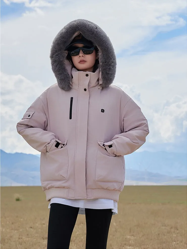 Thickened Hooded Parka with Solid Design and Faux Fur Collar