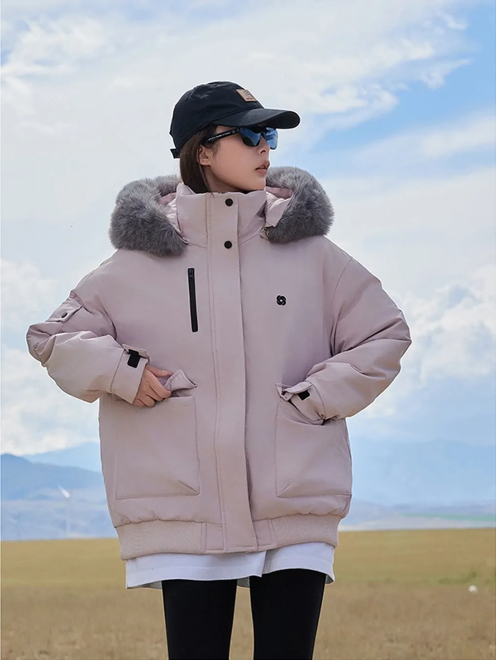 Thickened Hooded Parka with Solid Design and Faux Fur Collar