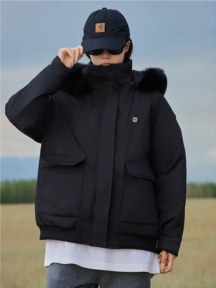 Thickened Hooded Parka with Solid Design and Faux Fur Collar