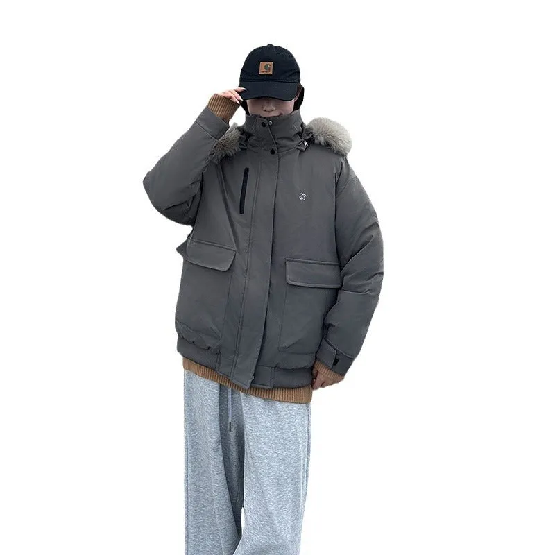 Thickened Hooded Parka with Solid Design and Faux Fur Collar