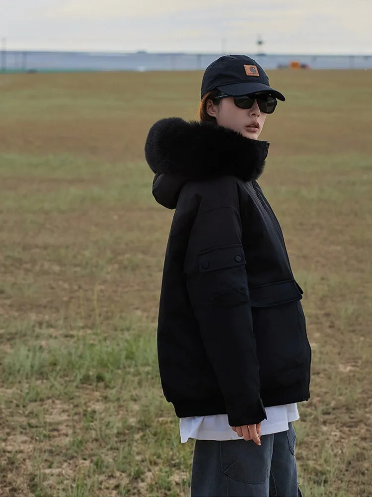Thickened Hooded Parka with Solid Design and Faux Fur Collar
