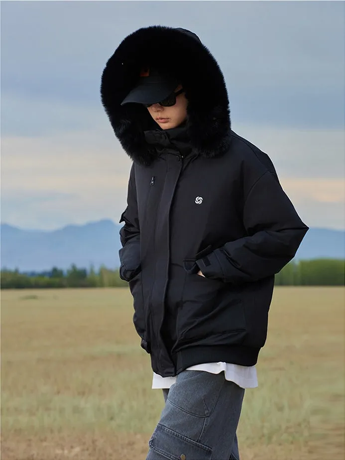 Thickened Hooded Parka with Solid Design and Faux Fur Collar