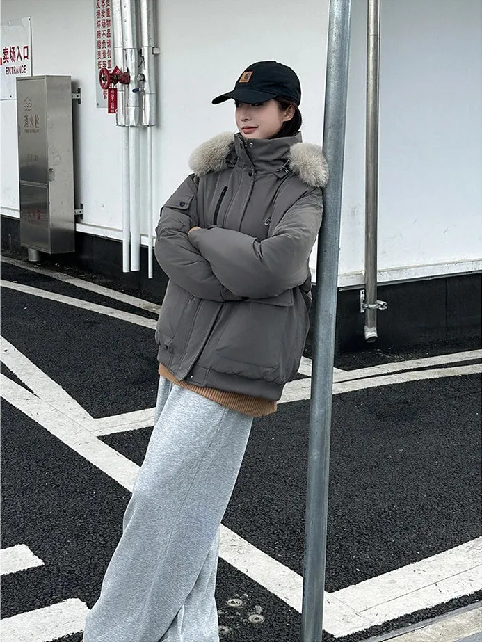 Thickened Hooded Parka with Solid Design and Faux Fur Collar