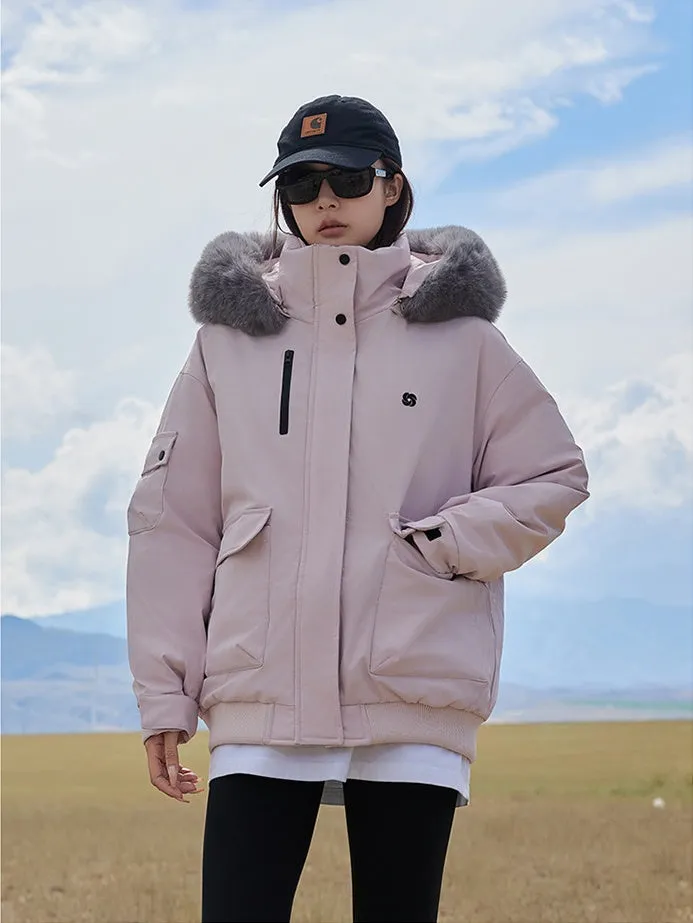 Thickened Hooded Parka with Solid Design and Faux Fur Collar