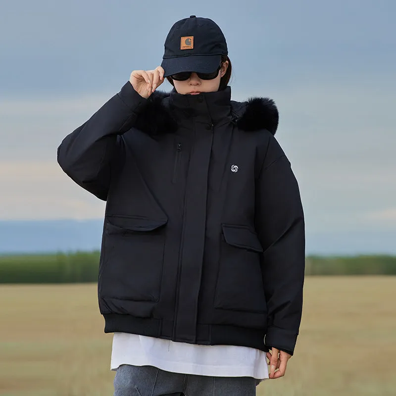 Thickened Hooded Parka with Solid Design and Faux Fur Collar
