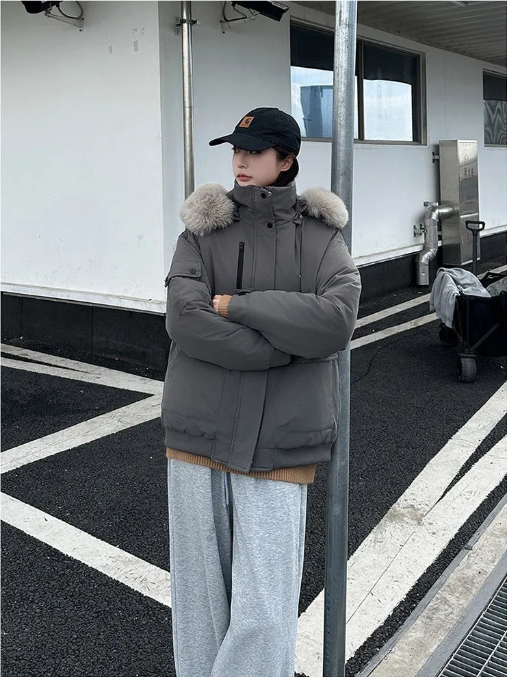Thickened Hooded Parka with Solid Design and Faux Fur Collar