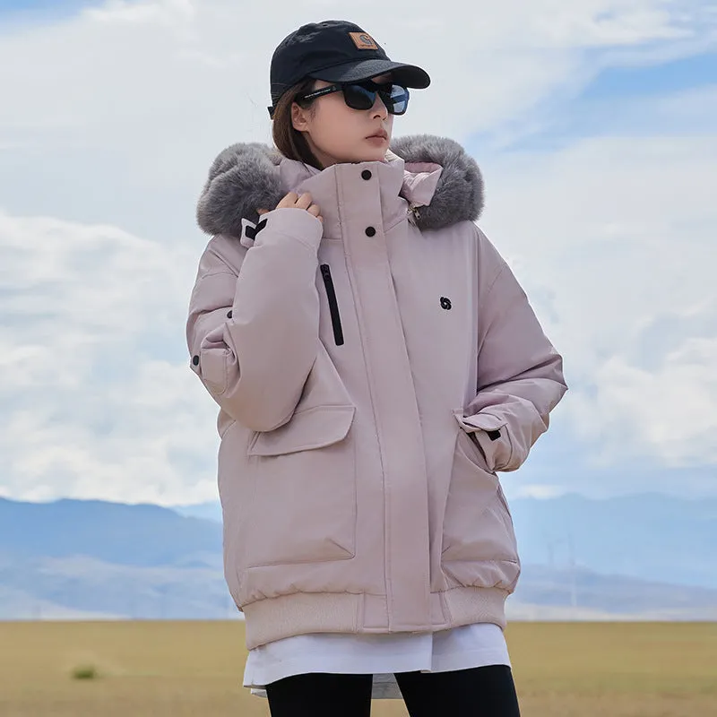 Thickened Hooded Parka with Solid Design and Faux Fur Collar
