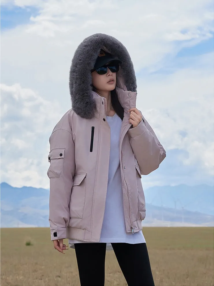 Thickened Hooded Parka with Solid Design and Faux Fur Collar