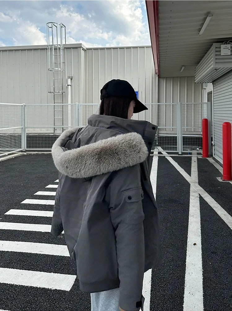Thickened Hooded Parka with Solid Design and Faux Fur Collar