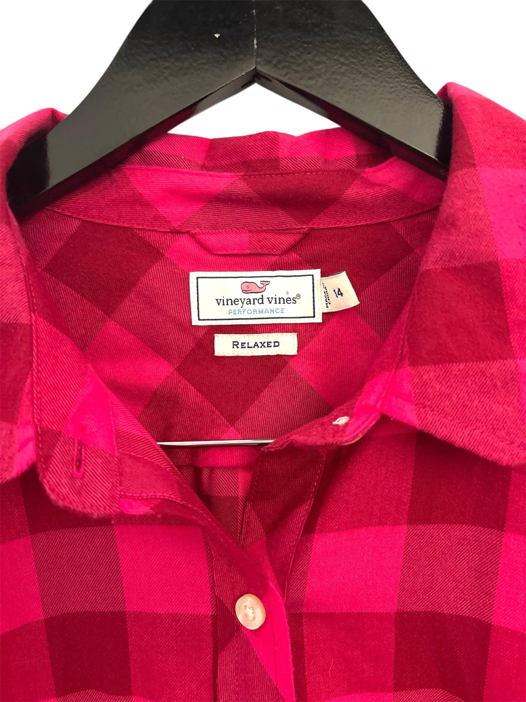 THRIFT- Pink Plaid Long Sleeve Shirt - (Size 14)