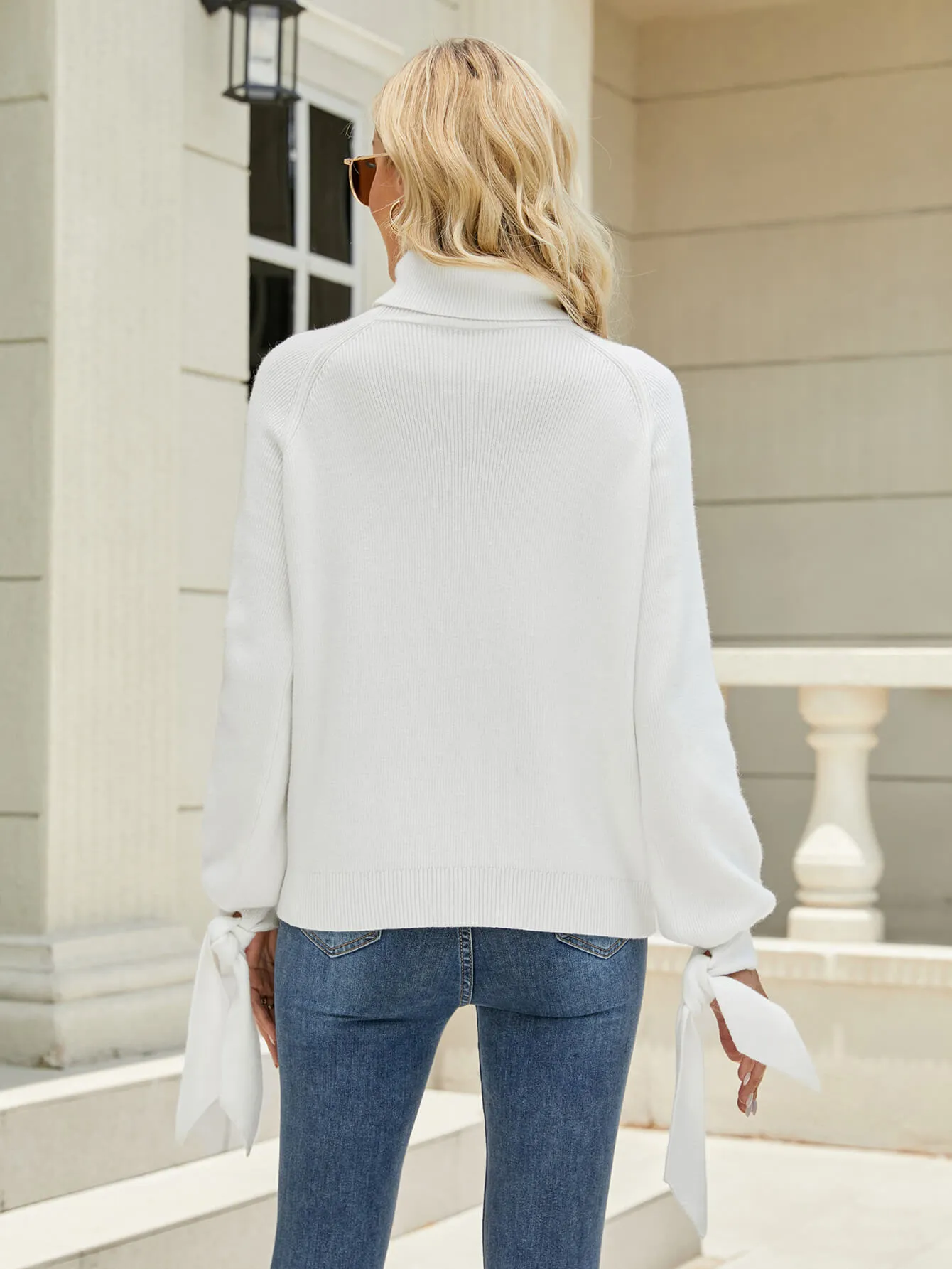 Tie-Cuff Raglan Sleeve Turtleneck Sweater