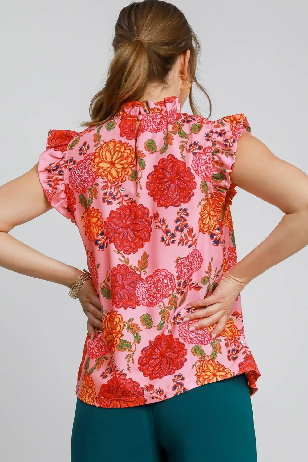 Umgee Floral Print Ruffled Cap Sleeve Blouse